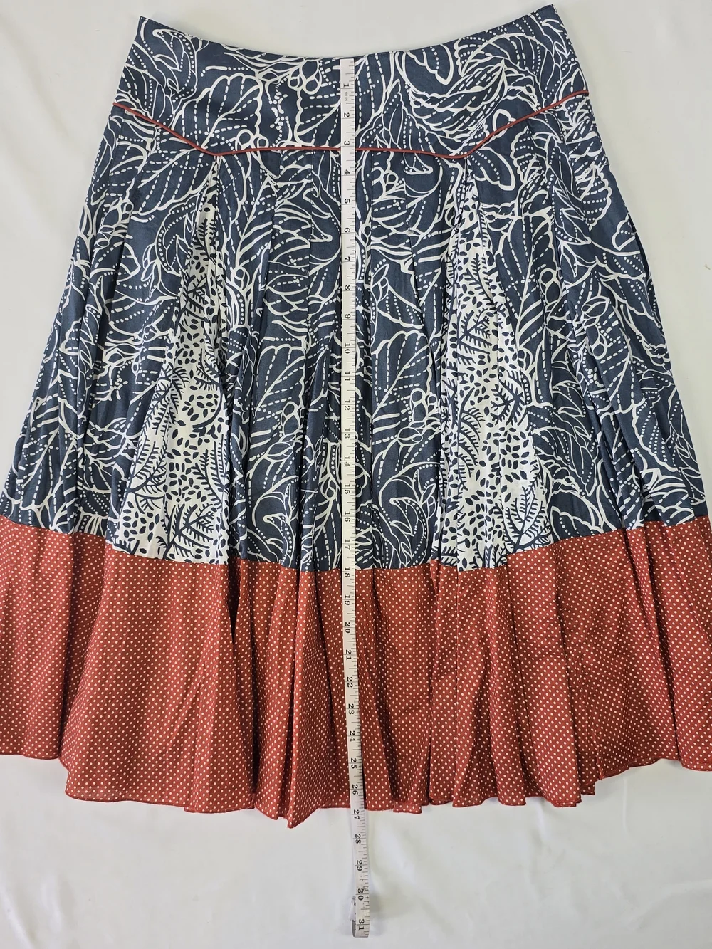 Wrap London 100% Cotton Leaf Print Pleated Skirt Blue Red Polka Dot Size 10